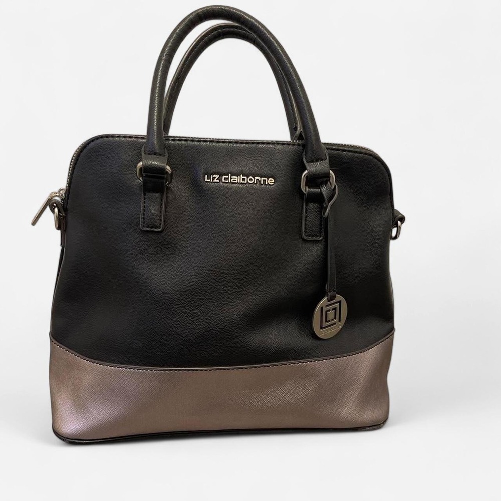 Liz Claiborne Womens Black Bronze Metallic Satchel Handbag Two Tone Dome Bag
